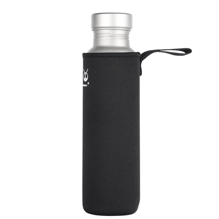 
                  
                    SilverAnt Ultralight Round Titanium Water Bottle - 500ml with black thermal sleeve, side view
                  
                