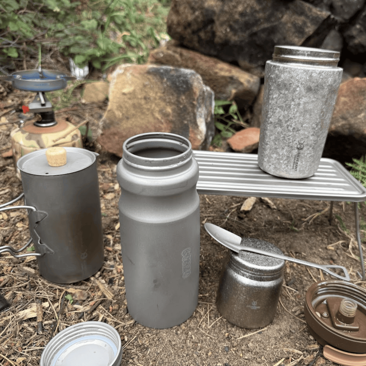 SilverAnt Ultralight Sports Edition Titanium Water Bottle - In-Use (actual product photo, photographed with various SilverAnt gear/camp coffee set-up)