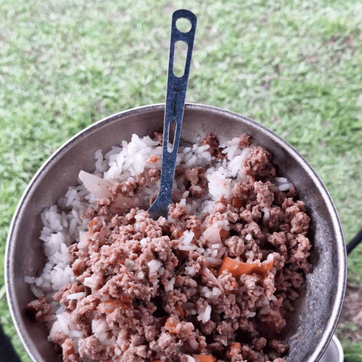 SilverAnt Ultralight Titanium 3-Piece Cutlery Set (Kinfe, Fork, and Spoon) Anodized Blue - actual product photo, real life setting, in-use, on a plate with rice meal