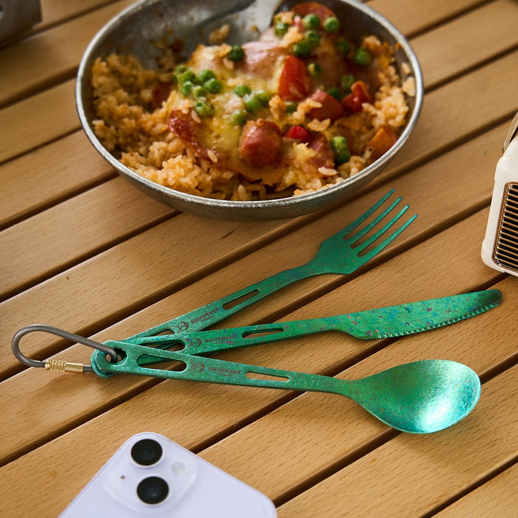 
                  
                    SilverAnt Ultralight Titanium 3-Piece Cutlery Set (Kinfe, Fork, and Spoon) Anodized Green - actual product photo, lifestyle shot, in-use, real life
                  
                