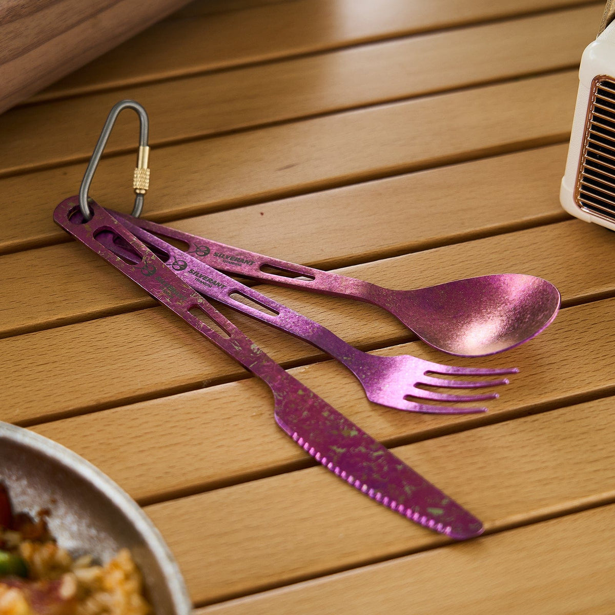 SilverAnt Ultralight Titanium 3-Piece Cutlery Set (Kinfe, Fork, and Spoon) Anodized Purple - actual product photo, real life, lifestyle shot