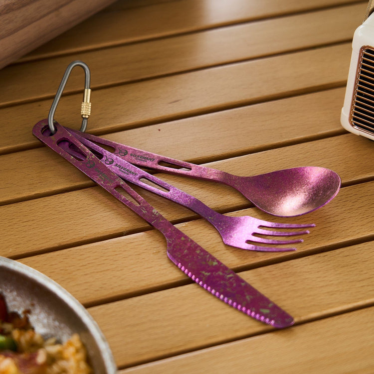 
                  
                    SilverAnt Ultralight Titanium 3-Piece Cutlery Set (Kinfe, Fork, and Spoon) Anodized Purple - actual product photo, real life, lifestyle shot
                  
                