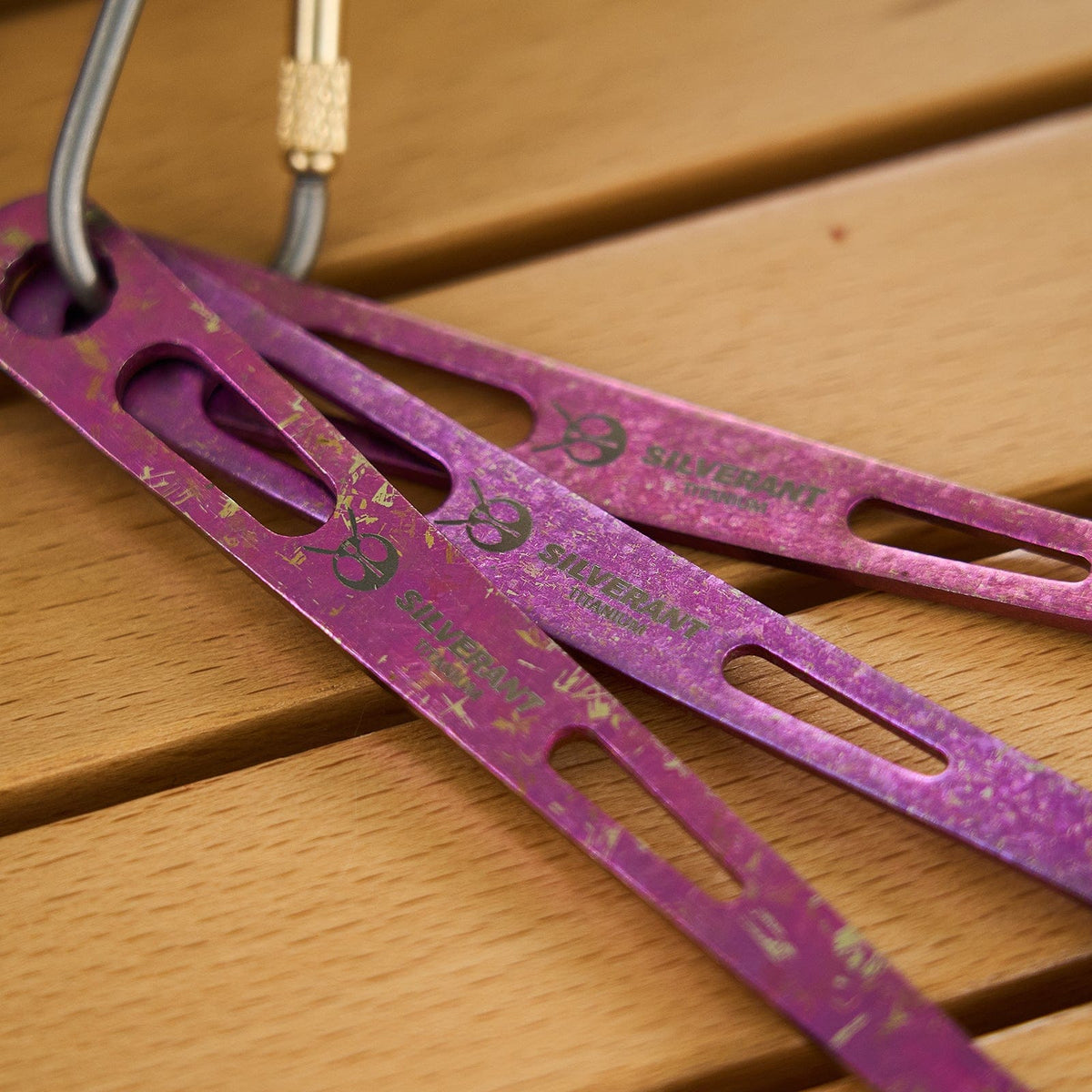 SilverAnt Ultralight Titanium 3-Piece Cutlery Set (Kinfe, Fork, and Spoon) Anodized Purple - actual product photo, close-up of anodized purple finish, silverant branding