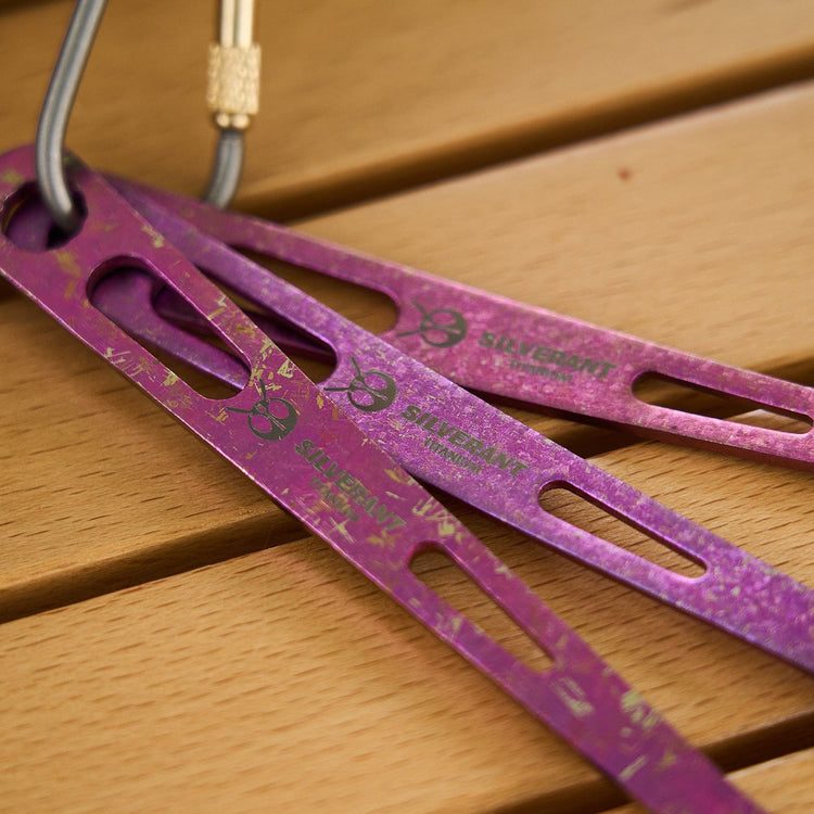 
                  
                    SilverAnt Ultralight Titanium 3-Piece Cutlery Set (Kinfe, Fork, and Spoon) Anodized Purple - actual product photo, close-up of anodized purple finish, silverant branding
                  
                