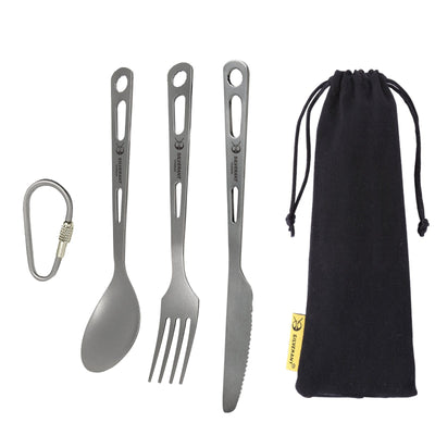SilverAnt Ultralight Titanium 3-Piece Cutlery Set (Knife, Fork and Spoon) - Sandblasted Main Image with drawstring pouch
