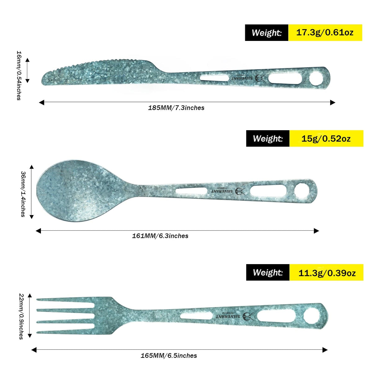 SilverAnt Ultralight Titanium 3-Piece Cutlery Set (Knife, Fork and Spoon) Anodized Blue (weight & dimensions)
