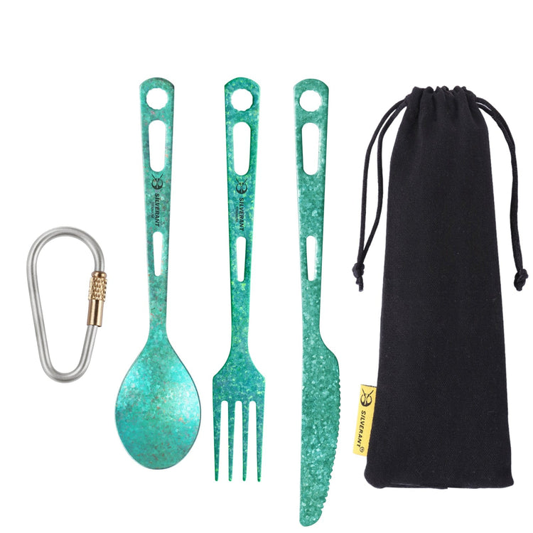 
                  
                    SilverAnt Ultralight Titanium 3-Piece Cutlery Set (Knife, Fork and Spoon) Anodized Green (with black pouch. carabiner/hook)
                  
                