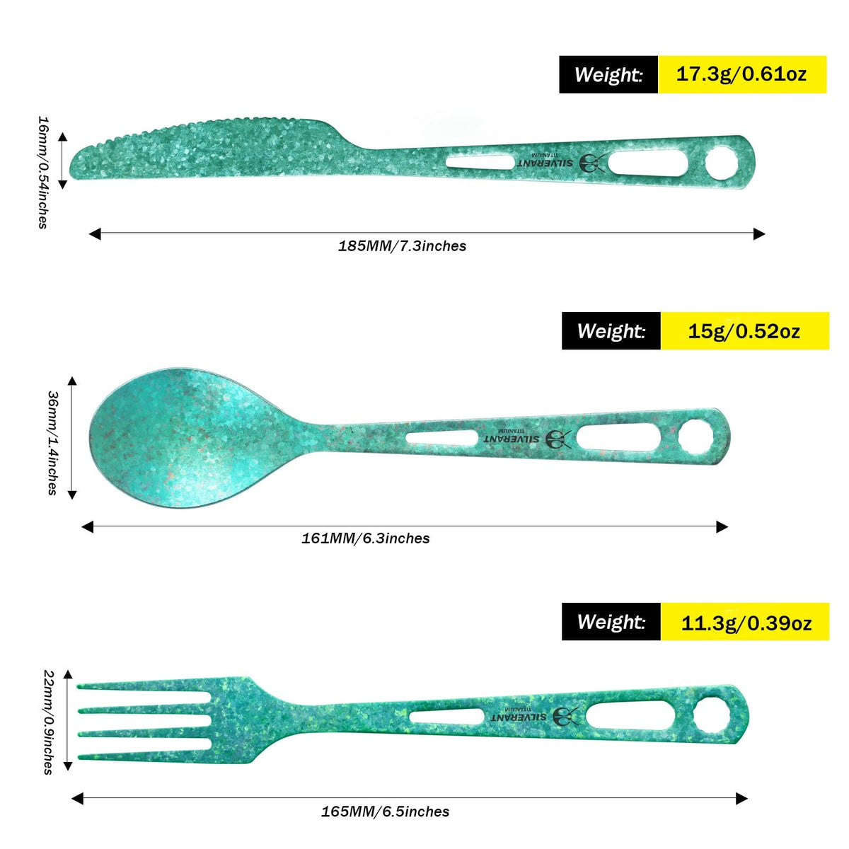 SilverAnt Ultralight Titanium 3-Piece Cutlery Set (Knife, Fork and Spoon) Anodized Green (weight, dimensions, and capacity)