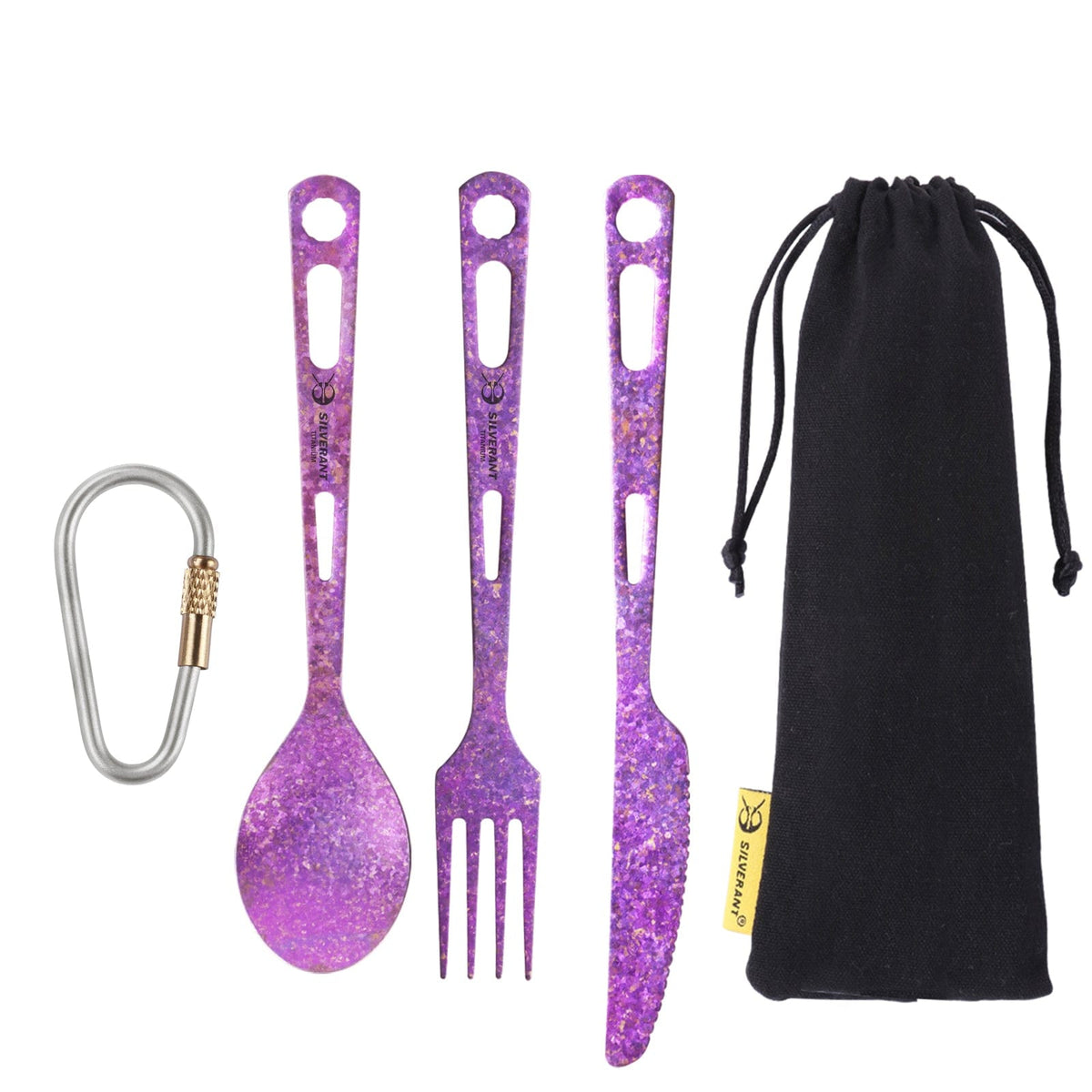SilverAnt Ultralight Titanium 3-Piece Cutlery Set (Knife, Fork and Spoon) Anodized Purple (with black pouch & carabiner)