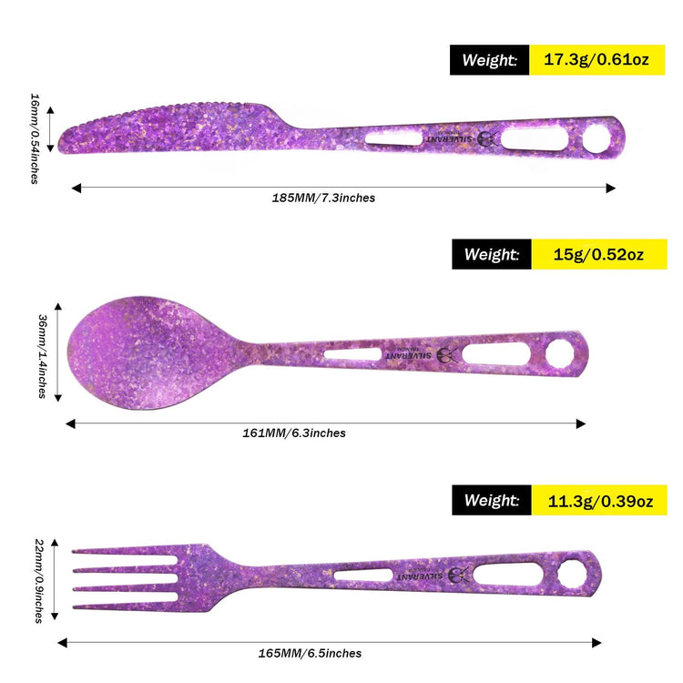 
                  
                    SilverAnt Ultralight Titanium 3-Piece Cutlery Set (Knife, Fork and Spoon) Anodized Purple - weight & dimensions
                  
                