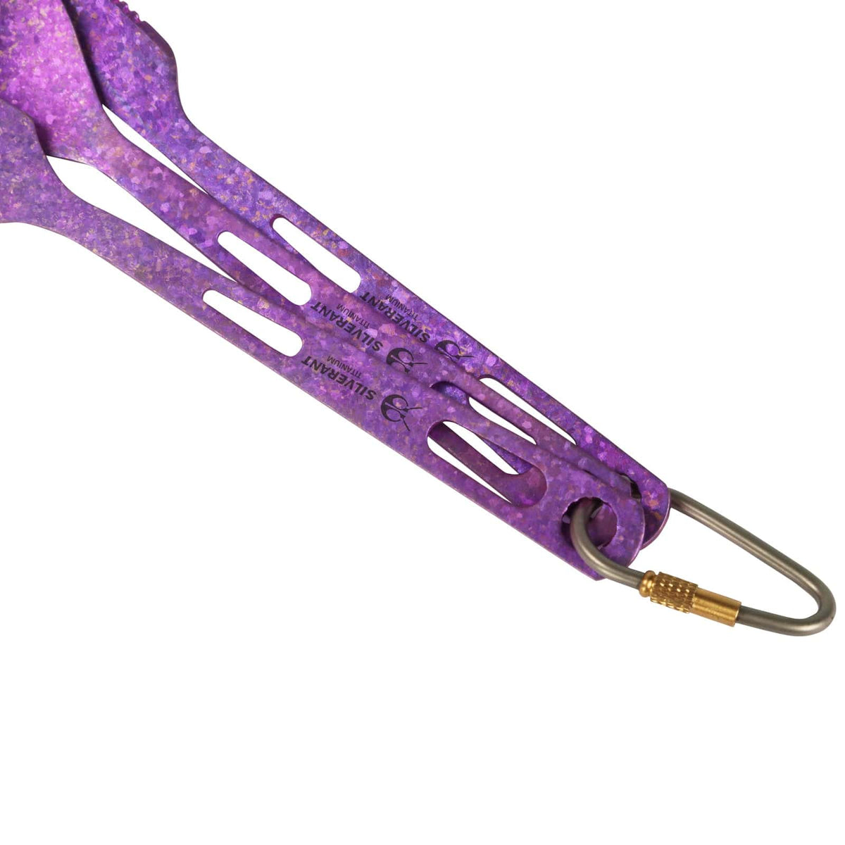 SilverAnt Ultralight Titanium 3-Piece Cutlery Set (Knife, Fork and Spoon) Anodized Purple - close-up of silverant branding, purple anodized finish, carabiner