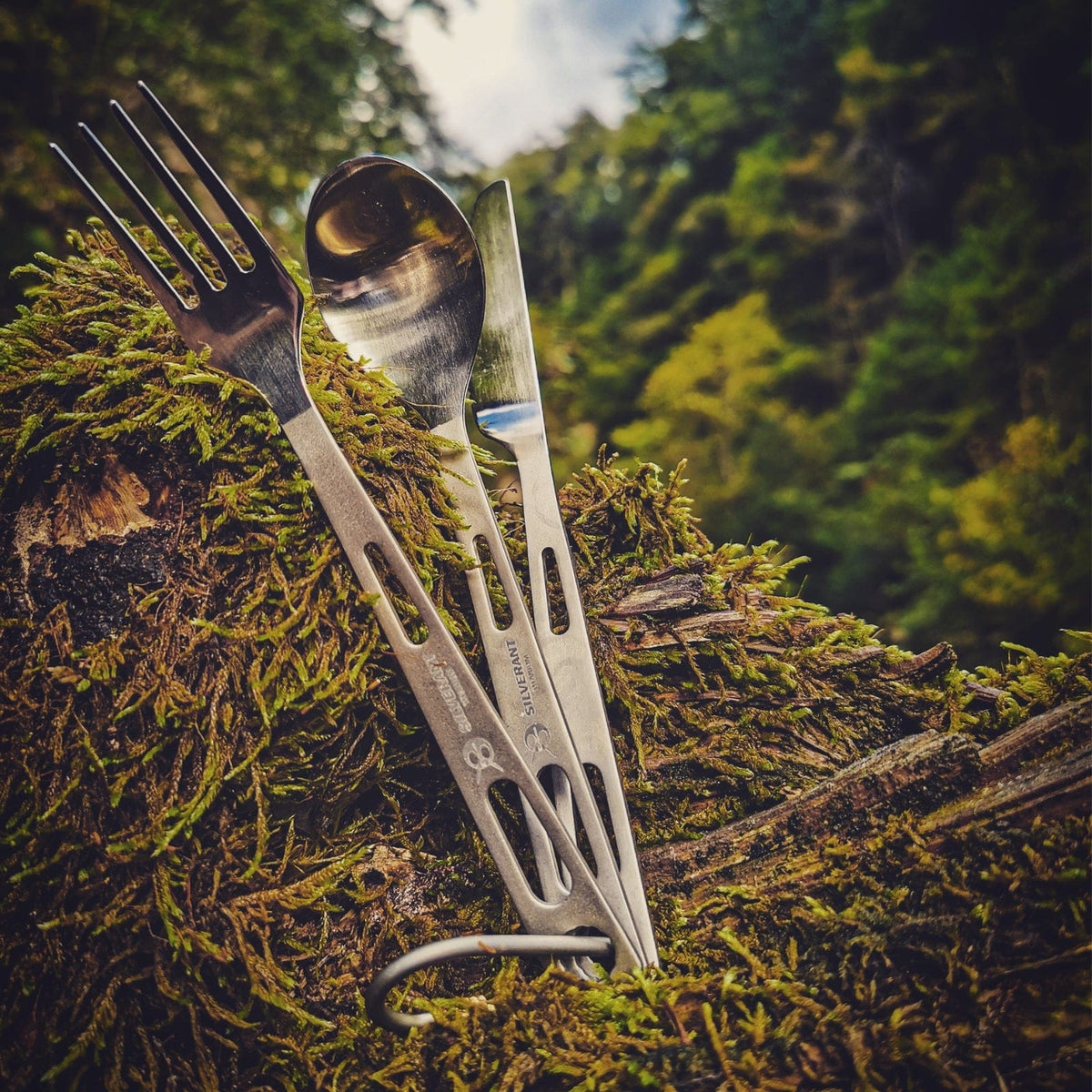 SilverAnt Ultralight Titanium 3-Piece Cutlery Set (Knife, Fork and Spoon) Polished - Actual product photo, lifestyle shot, outdoors photo