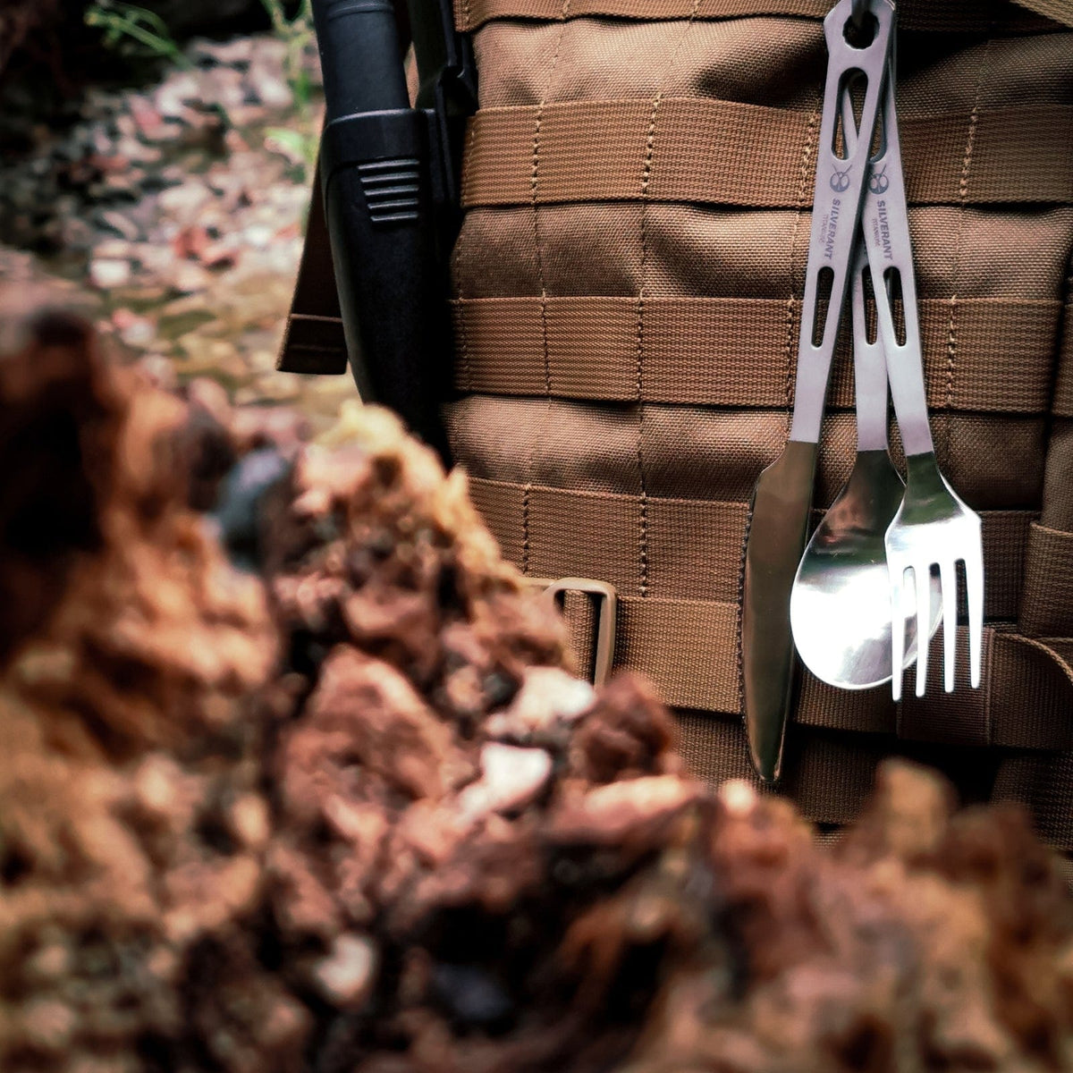 SilverAnt Ultralight Titanium 3-Piece Cutlery Set (Knife, Fork and Spoon) Polished - actual product photo, real life use, in-use, lifestyle shot, hanging on a backpack