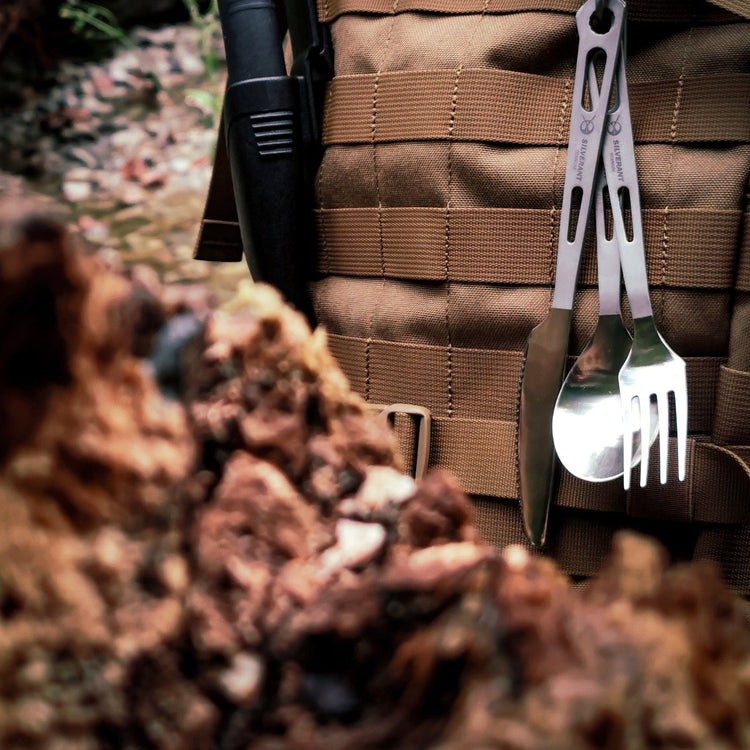 
                  
                    SilverAnt Ultralight Titanium 3-Piece Cutlery Set (Knife, Fork and Spoon) Polished - actual product photo, real life use, in-use, lifestyle shot, hanging on a backpack
                  
                
