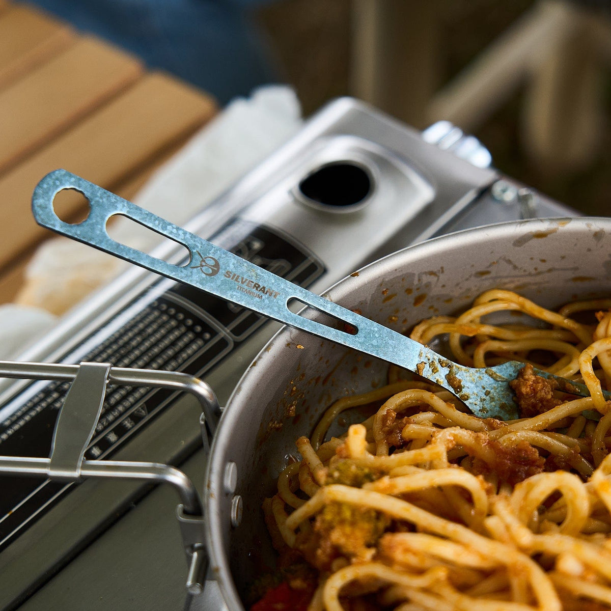 SilverAnt Ultralight Titanium 3-Piece Cutlery Set (Kinfe, Fork, and Spoon) Anodized Blue - actual product photo, real life setting, in-use