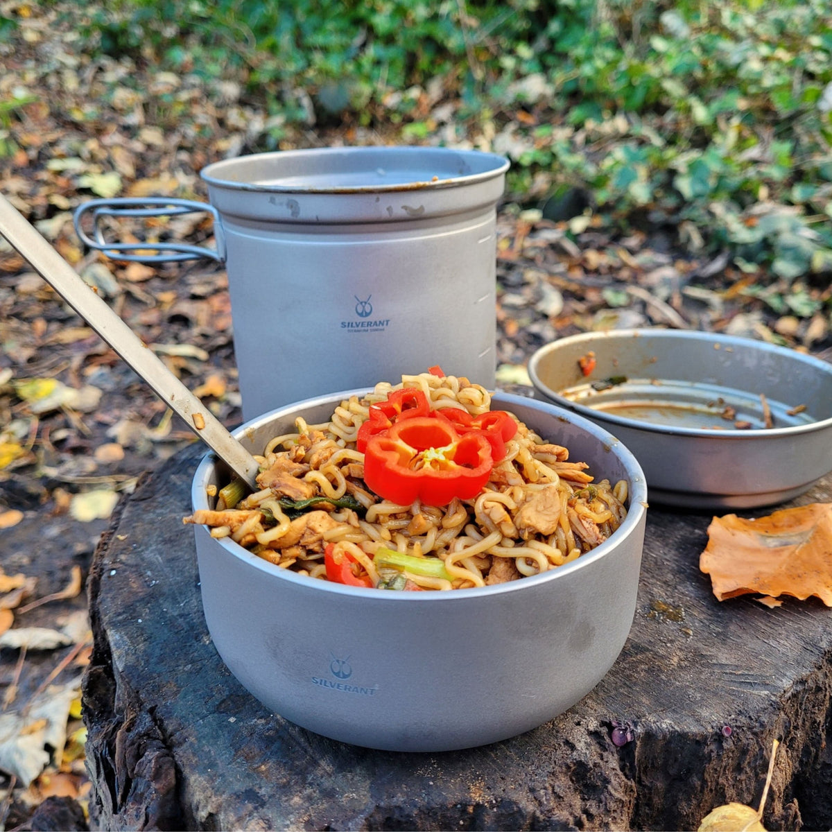SilverAnt Ultralight Titanium Backcountry Double Wall Bowl 420ml/14.2fl oz - In-Use (full of noodles, on tree stump, with other SilverAnt cookware, outdoors, camp meal)