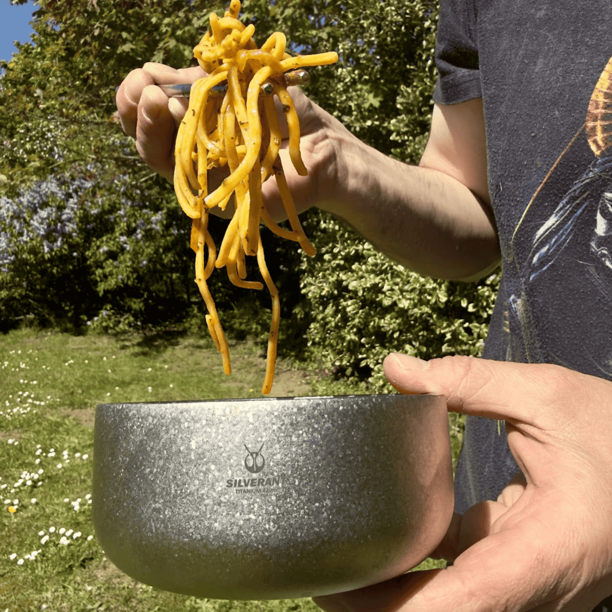 SilverAnt Ultralight Titanium Backcountry Double Wall Bowl - In-Use (Crystallized, eating noodles, outdoors, camp lunch, camp meal)