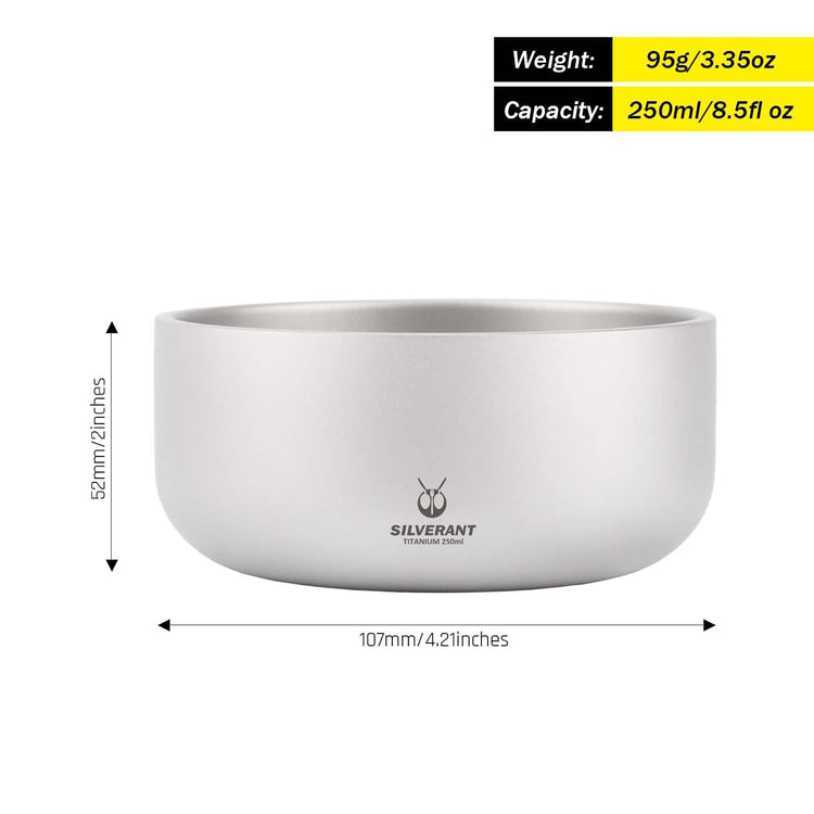 
                  
                    SilverAnt Ultralight Titanium Backcountry Double Wall Bowl 250ml/8.5fl oz with weight, dimensions, and capacity
                  
                