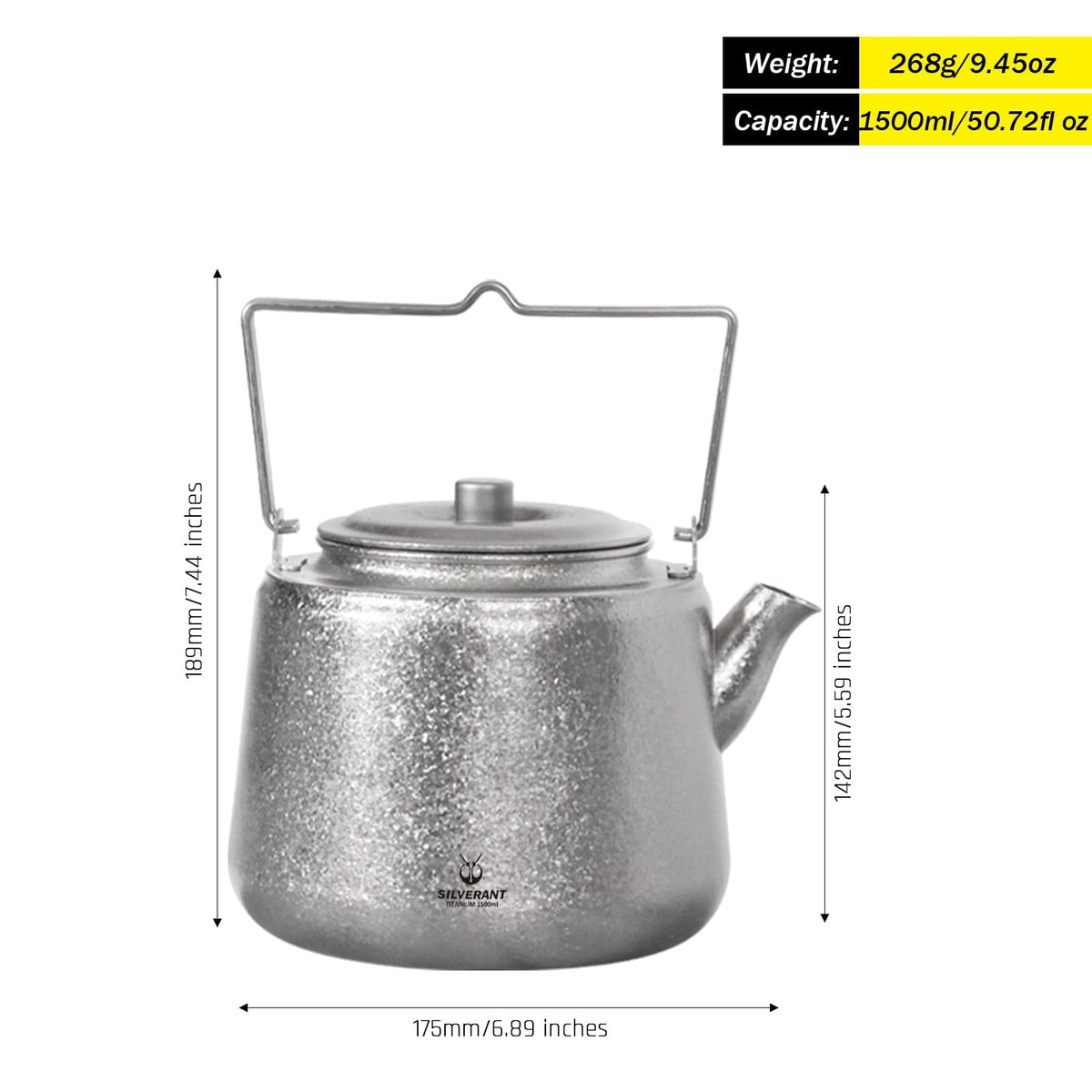 SilverAnt Ultralight Titanium Bushcraft Kettle Crystallized Finish - with dimensions, weight, and capacity