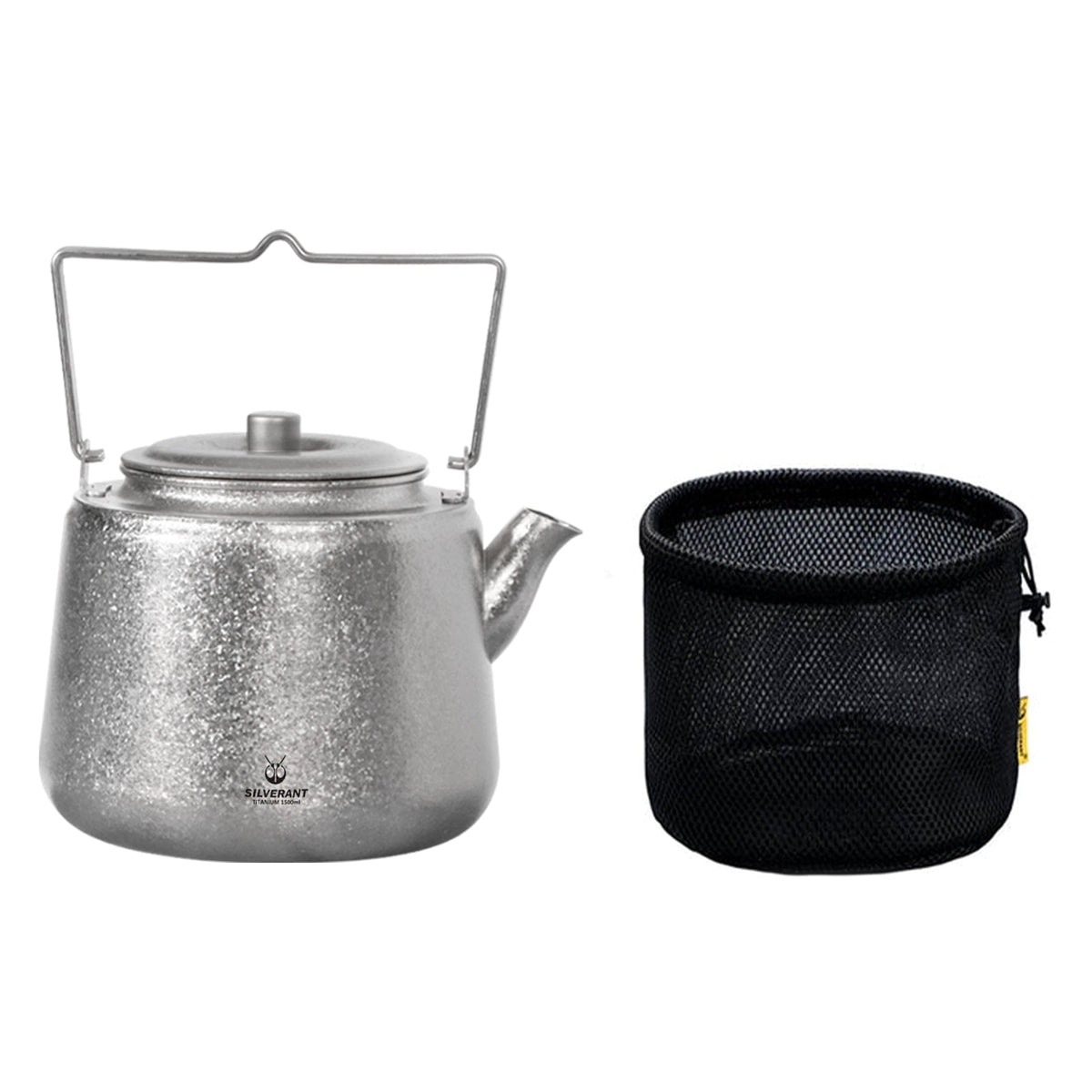 SilverAnt Ultralight Titanium Bushcraft Kettle Crystallized Finish 1500 ml with drawstring mesh case