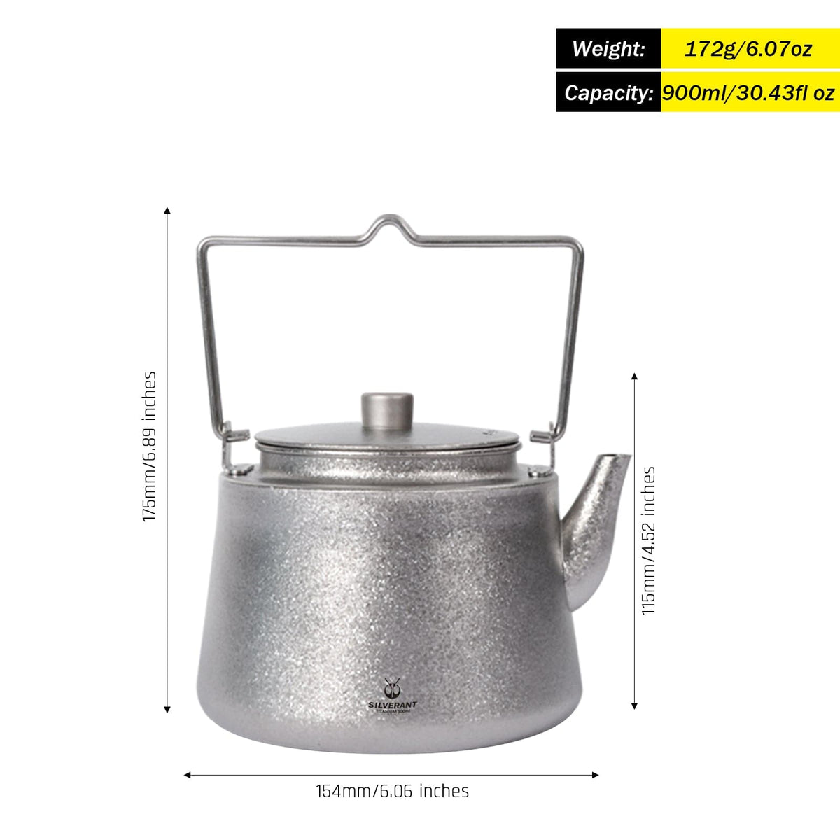SilverAnt Ultralight Titanium Bushcraft Kettle Crystallized Finish with dimensions
