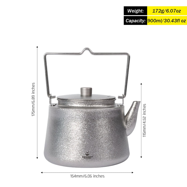 SilverAnt Ultralight Titanium Bushcraft Kettle Crystallized Finish with dimensions
