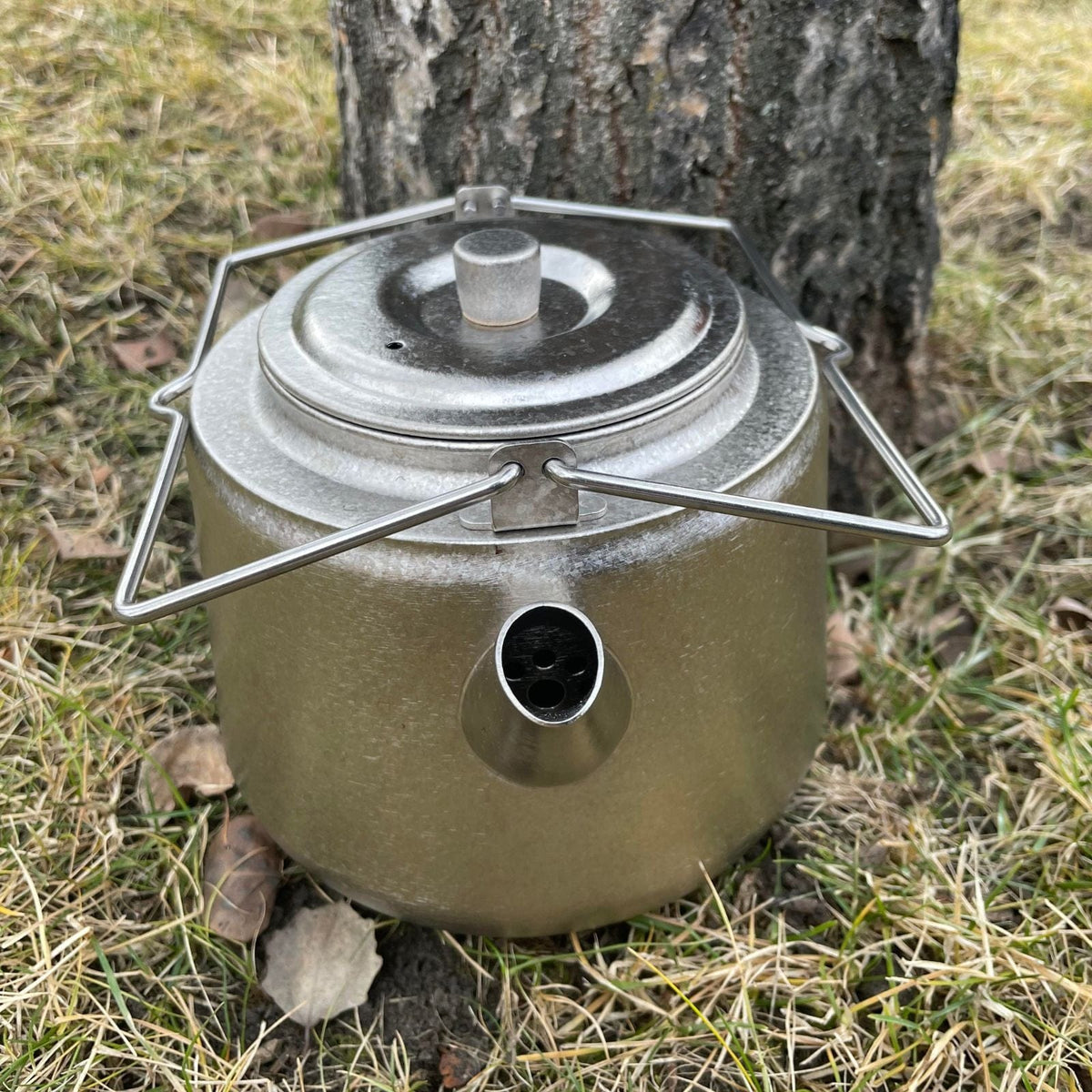 SilverAnt Ultralight Titanium Bushcraft Kettle Crystallized Finish - In-Use (Beside tree, front view, spout, filter)