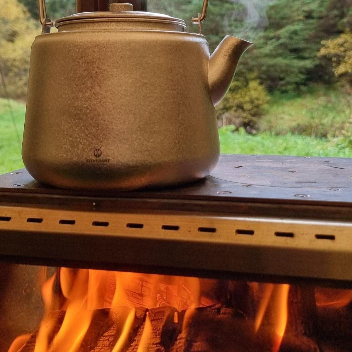 SilverAnt Ultralight Titanium Bushcraft Kettle Crystallized Finish - In-Use (on the tent stove)