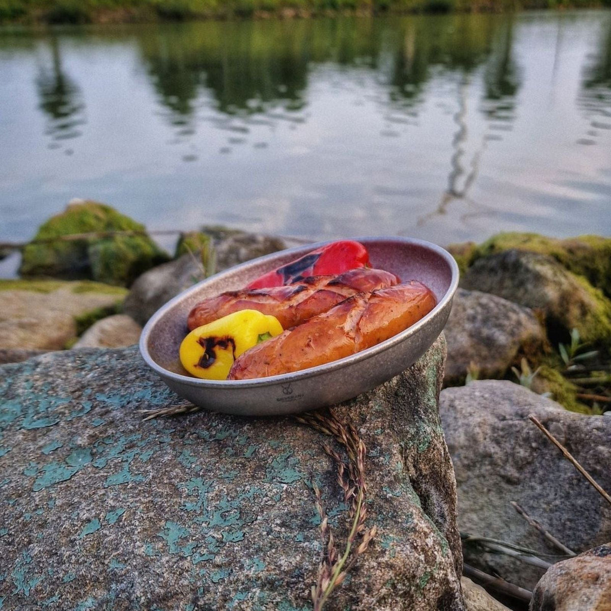 SilverAnt Ultralight Titanium Camping Plate Crystallized Finish 400ml/13.53 fl oz - In-Use (sausages & peppers in front of river)
