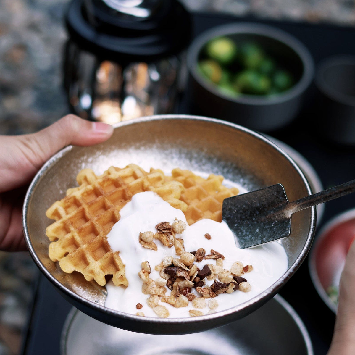 SilverAnt Ultralight Titanium Camping Plate with a Crystallized Finish 400ml/13.53 fl oz - In-Use (camp dessert,  waffles, yoghurt, and some nuts in it)