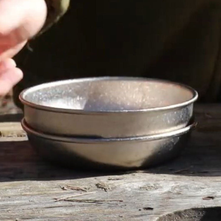 
                  
                    SilverAnt Ultralight Titanium Camping Plate with a Crystallized Finish 300ml/10.15 fl oz - In-Use (nesting with the 500ml/16.90 fl oz bowl)
                  
                