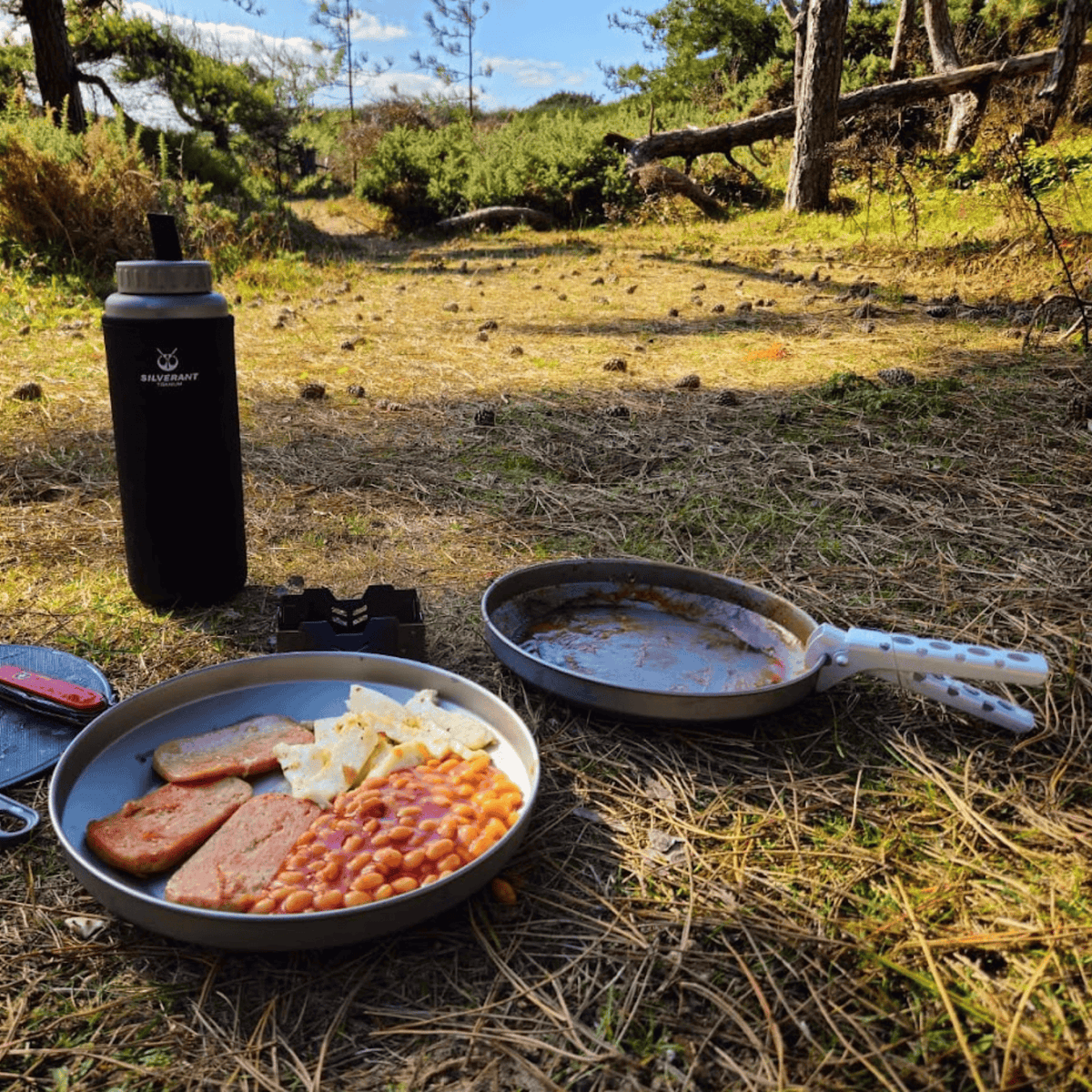 SilverAnt Ultralight Titanium Camping Plates -  900ml/30.43 fl oz & 1200ml/40.57 fl oz - In-Use (Both plates used in outdoors, grassy floor, SilverAnt water bottle in background, forest camping)