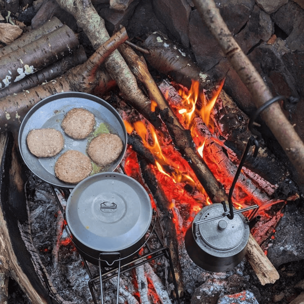 SilverAnt Ultralight Titanium Camping Plates -  900ml/30.43 fl oz & 1200ml/40.57 fl oz - In-Use (Cooking over a fire with other pots and hanging kettle)