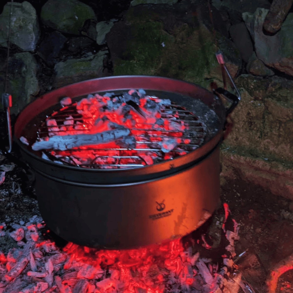 SilverAnt Ultralight Titanium Camping Plates -  900ml/30.43 fl oz & 1200ml/40.57 fl oz - In-Use (Placed on top of SilverAnt hanging cooking pot, with coals for cooking)