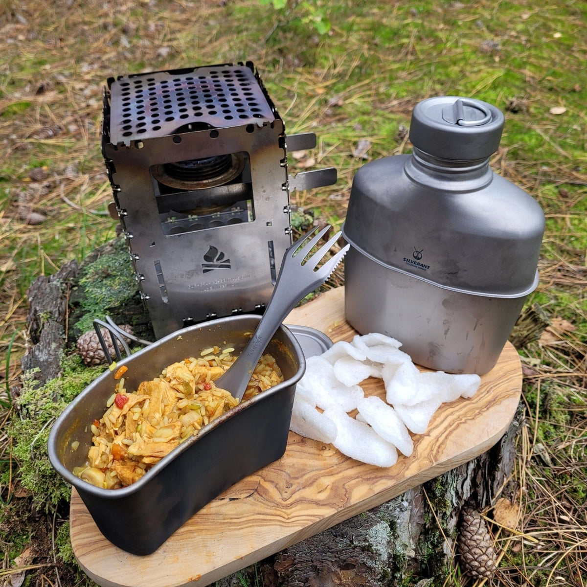 SilverAnt Ultralight Titanium Canteen Military Mess Kit - In-Use (actual product photo, camp meal, eating lunch, curry rice, grass background)