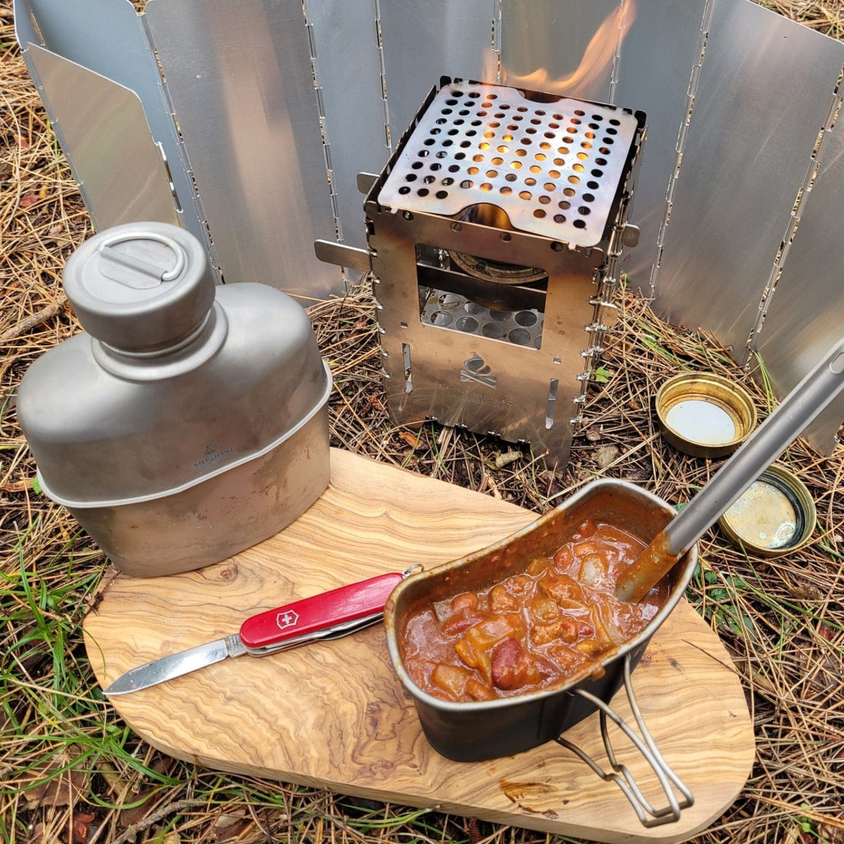 SilverAnt Ultralight Titanium Canteen Military Mess Kit - In-Use (camp meal, actual product photo, using it to eat camp stew)