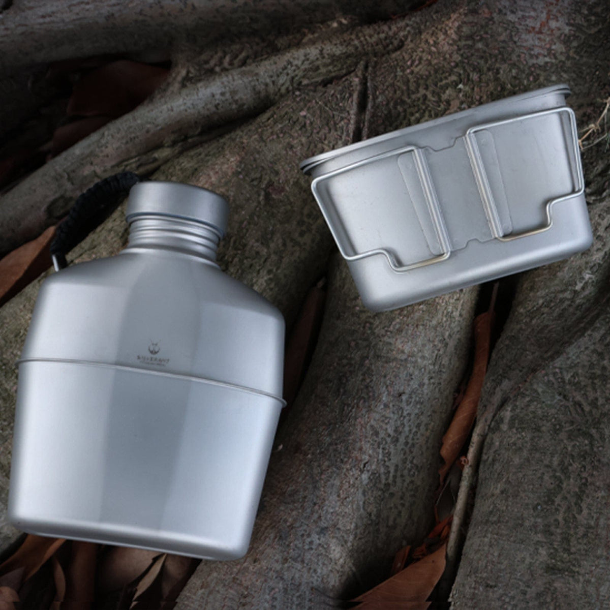 SilverAnt Ultralight Titanium Canteen Military Mess Kit with Paracord, - In-Use (lifestyle photo, actual product photo, showing both canteen cup and bottle)