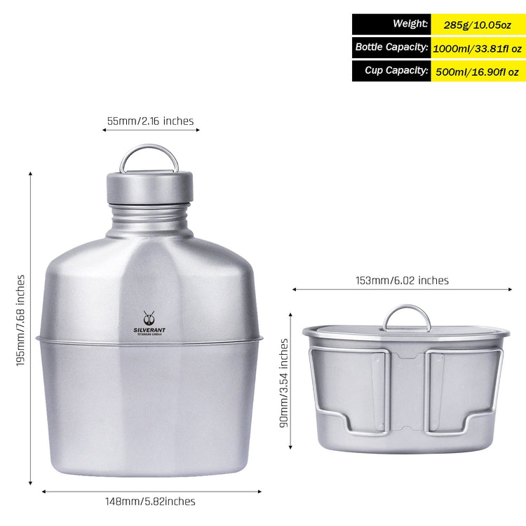 SilverAnt Ultralight Titanium Canteen Military Mess Kit - with weight, capacity, and dimensions