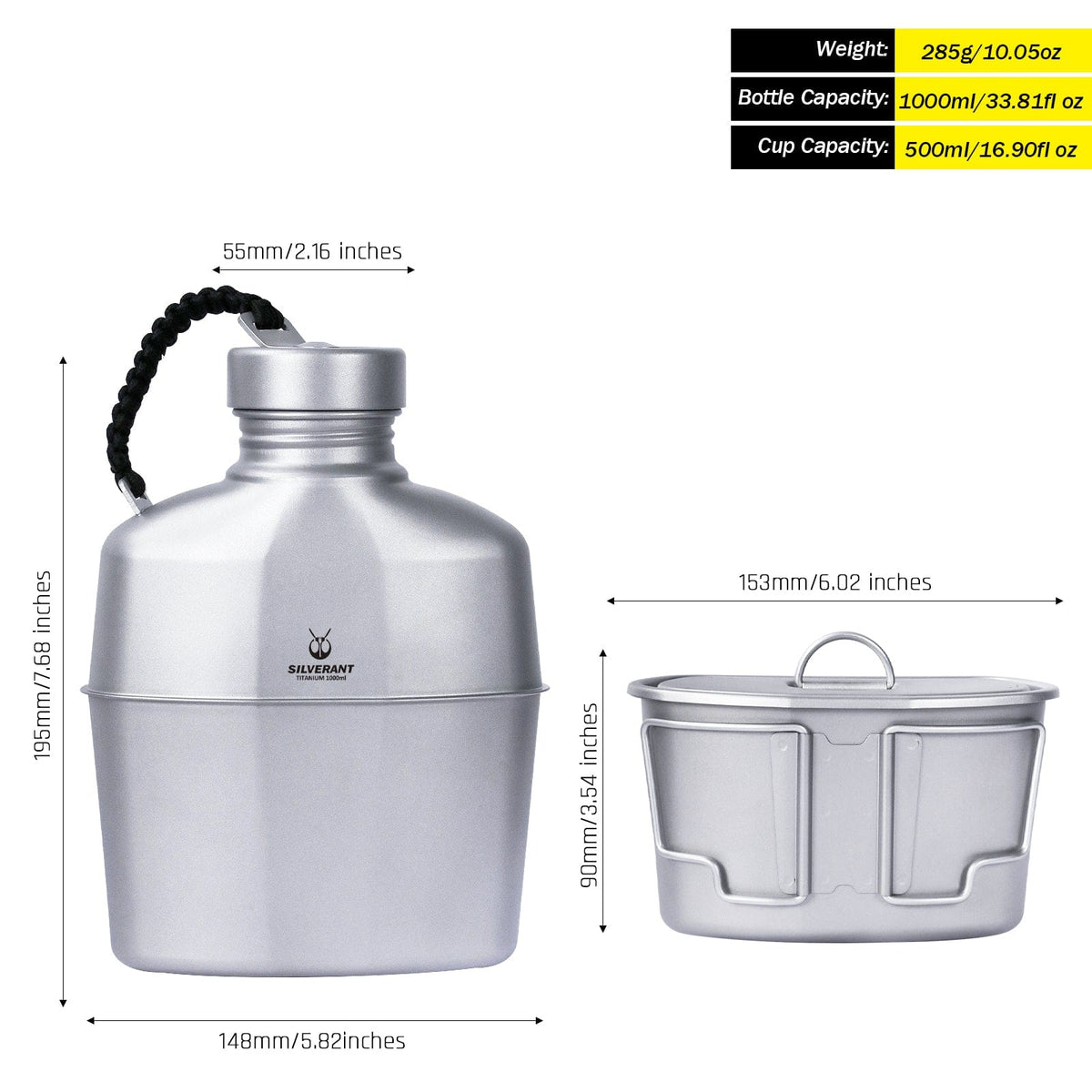 SilverAnt Ultralight Titanium Canteen Military Mess Kit with Paracord (weight, dimensions, and capacity)