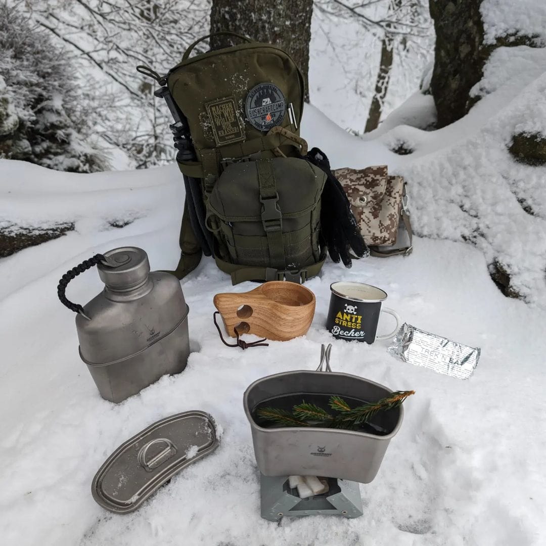 SilverAnt Ultralight Titanium Canteen Military Mess Kit - In-Use (Actual product photo, laid in the snow, tea, bushcraft items, essential camp gear)