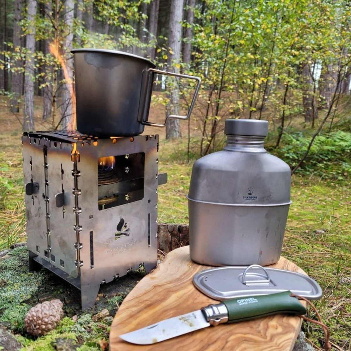 SilverAnt Ultralight Titanium Canteen Military Mess Kit - In-Use (actual product photo, cooking with canteen cup while canteen bottle is on the side