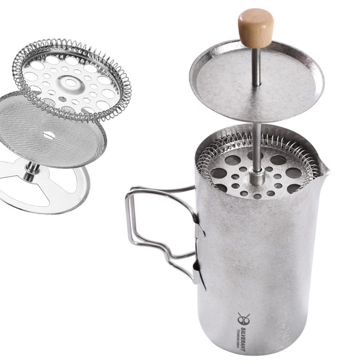 
                  
                    SilverAnt Ultralight Titanium Coffee French Press Crystallized - Exploded view, showing all parts/components of Coffee French press
                  
                