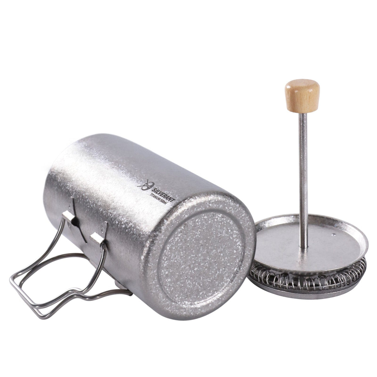SilverAnt Ultralight Titanium Coffee French Press Crystallized - Laid down on its side with plunger upright beside it