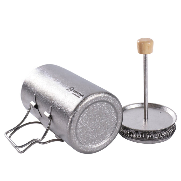 
                  
                    SilverAnt Ultralight Titanium Coffee French Press Crystallized - Laid down on its side with plunger upright beside it
                  
                