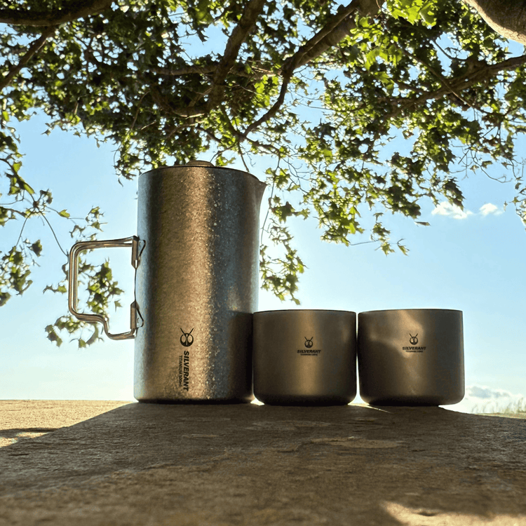 
                  
                    SilverAnt Ultralight Titanium Coffee French Press Crystallized - Actual product photo, lifestyle shot, on a canopy, with two SilverAnt Titanium Coffee Cups
                  
                