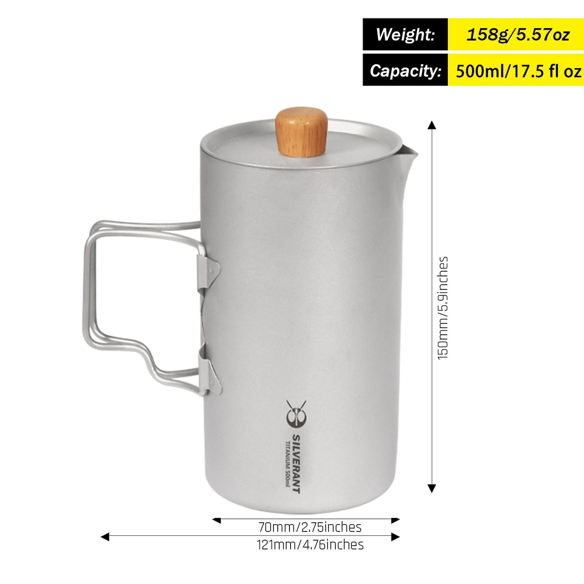 SilverAnt Ultralight Titanium Coffee French Press Sandblasted - weight, dimensions, and capacity