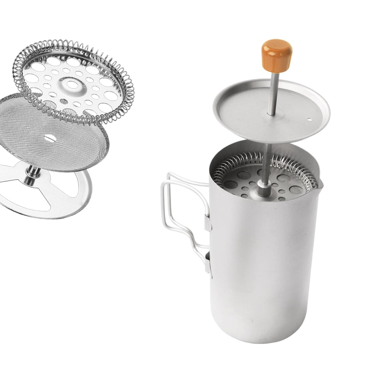 SilverAnt Ultralight Titanium Coffee French Press Sandblasted - Exploded view, showing all parts/components