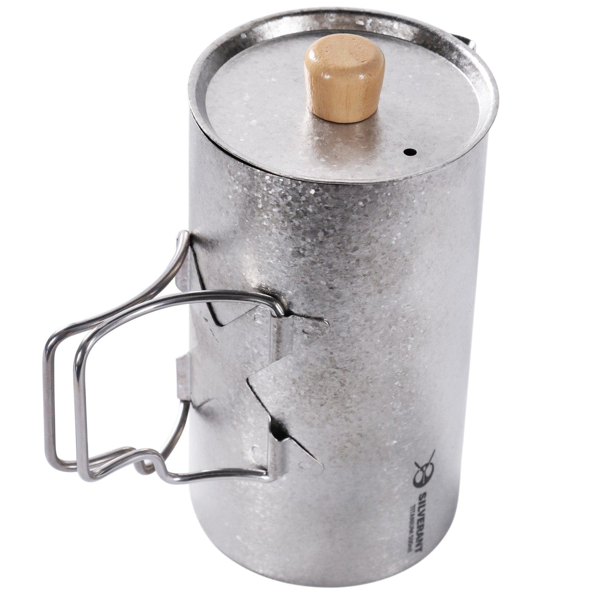 SilverAnt Ultralight Titanium Coffee French Press Crystallized - Top angle view, rear view, showing handles and lid