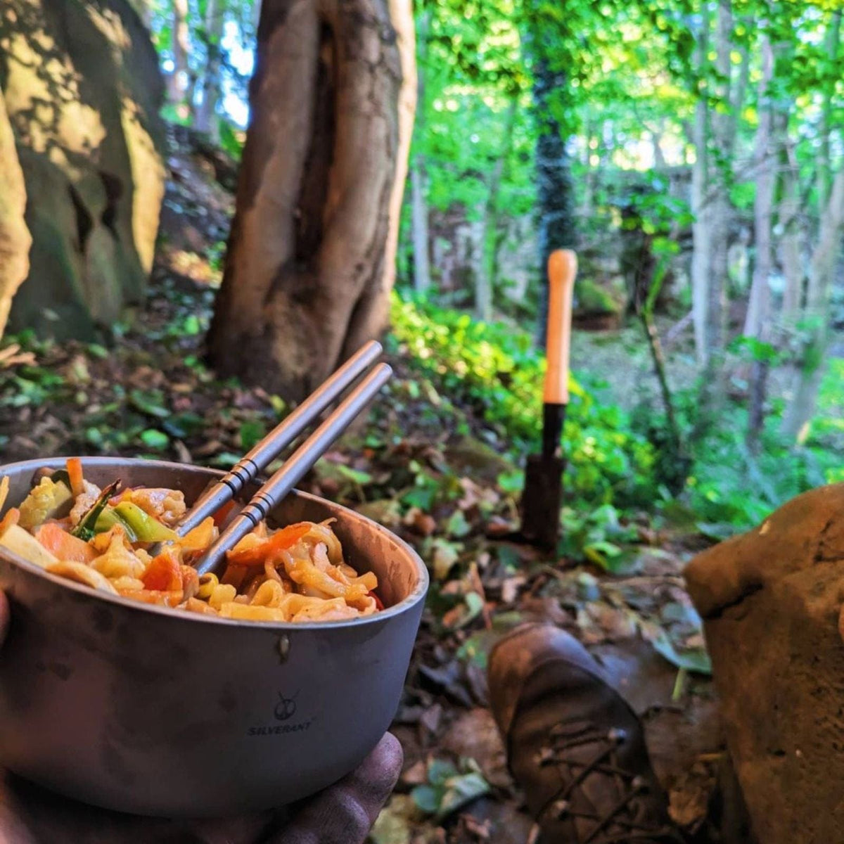 SilverAnt Ultralight Titanium Backcountry Double Wall Bowl - In-Use (outdoors, eating with chopsticks, POV shot, forest camping) with SilverAnt Ultralight Titanium Collapsible Folding Travel Chopsticks