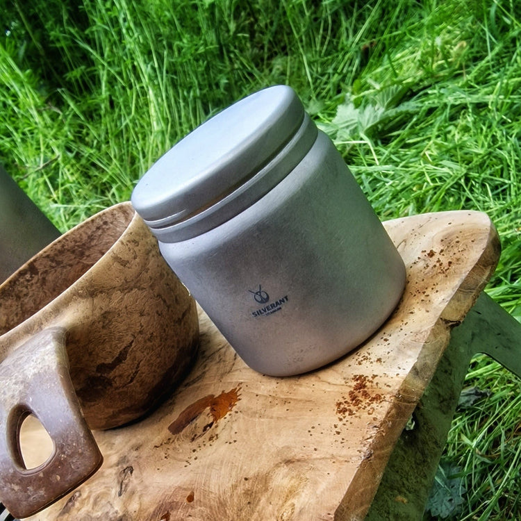 
                  
                    SilverAnt Ultralight Titanium Container Sandblasted (actual product photo, real life use, placed on top of a wooden table outdoors)
                  
                